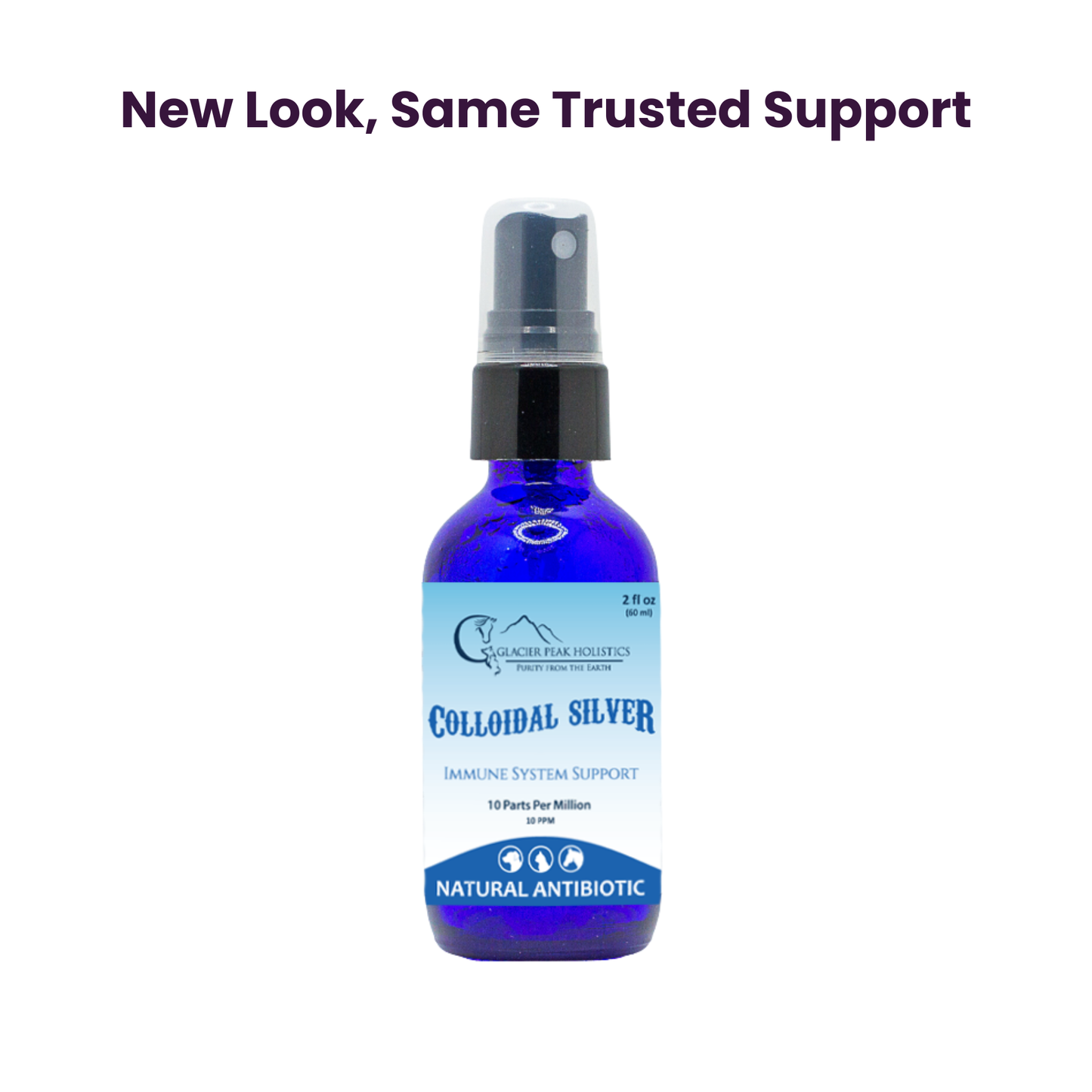 Colloidal Silver 2oz Spray Bottle with "New Look, Same Trusted Support" to represent updated label design.