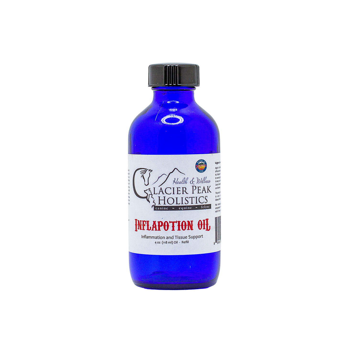 Glacier Peak Holistics Inflapotion Oil: a 4 oz blue bottle with a black cap for external use to support inflammation and tissue.