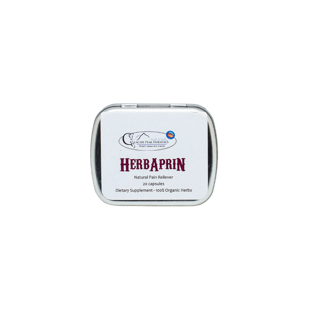 Glacier Peak Holistics HerbAprin for Dogs natural pain management tin, 20 capsules, made with 100% organic herbs.
