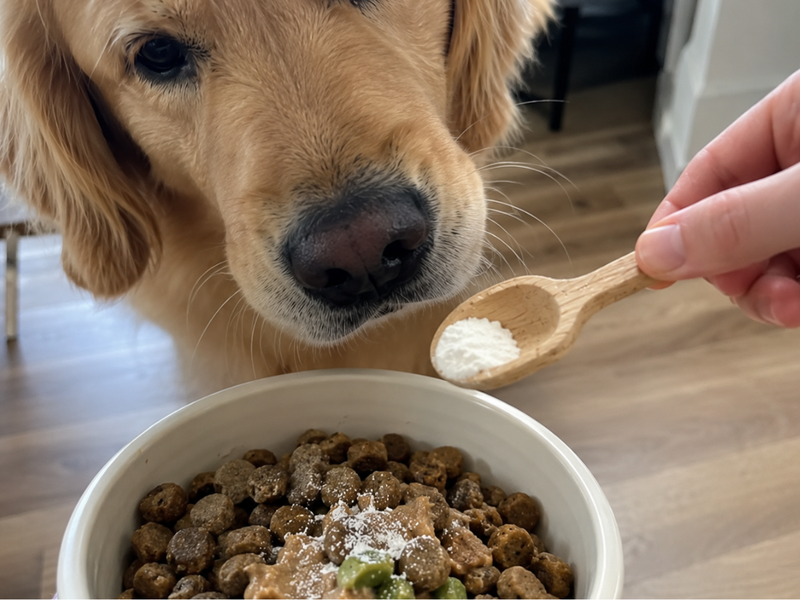 Golden retriever watching a hand sprinkle white digestive enzyme powder onto a bowl of dry dog food.