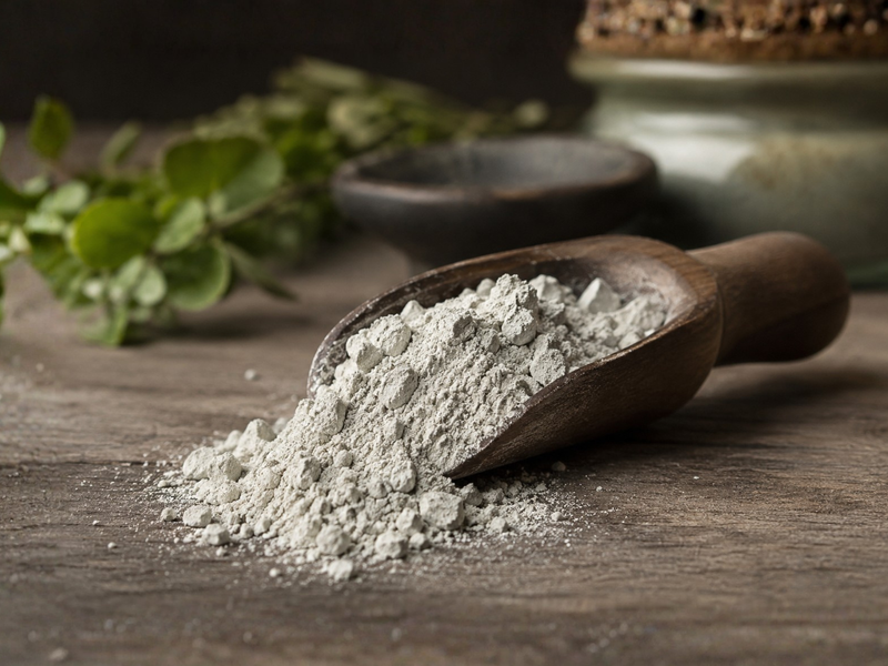 Fine grey clinoptilolite zeolite powder in a rustic wooden scoop on a dark wooden surface with green herbs.