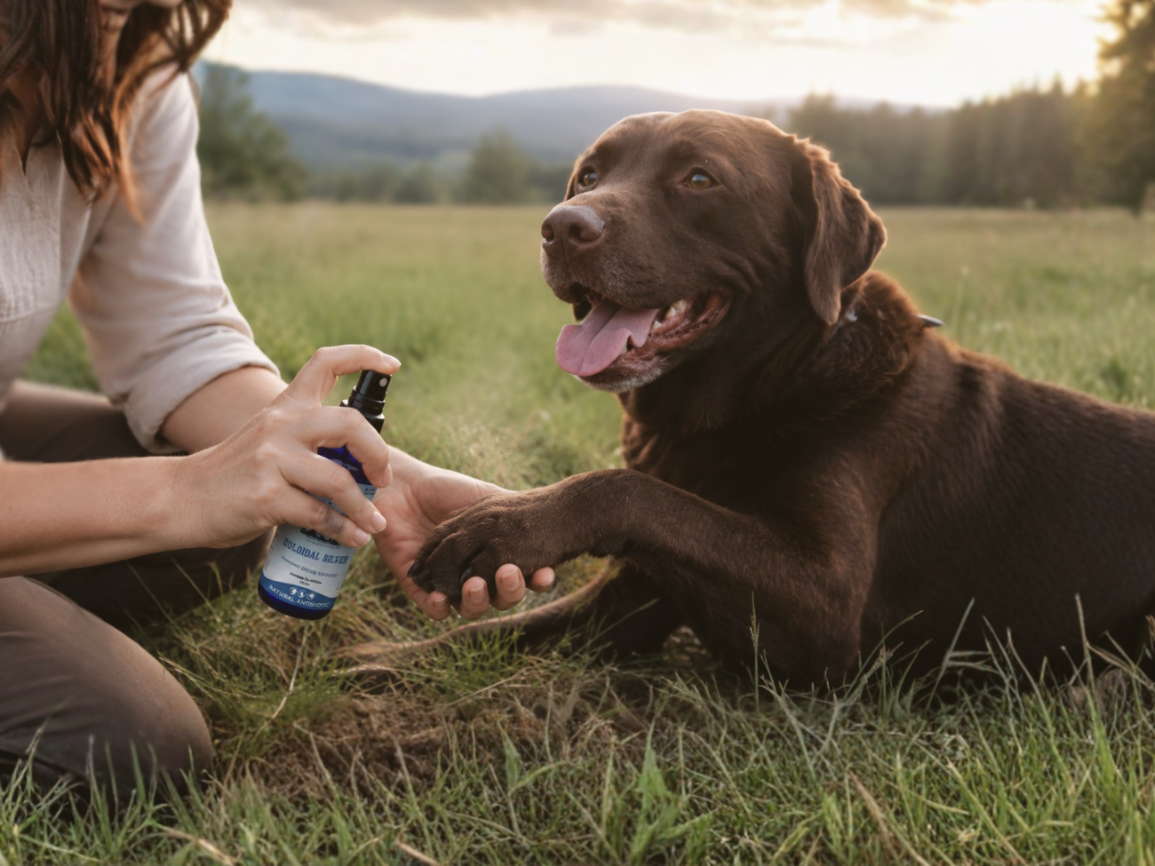 Person spraying colloidal silver from a blue bottle onto the paw of a happy brown Labrador in a grassy field.