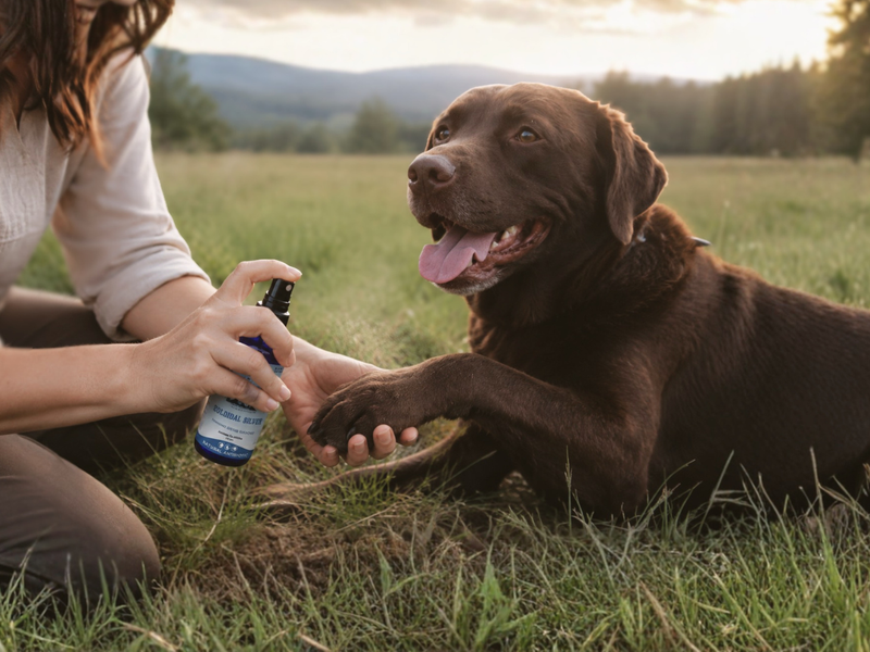 Person spraying colloidal silver from a blue bottle onto the paw of a happy brown Labrador in a grassy field.