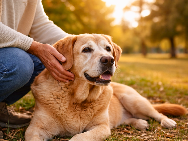 Person petting a happy golden retriever lying on the grass in a park at sunset.