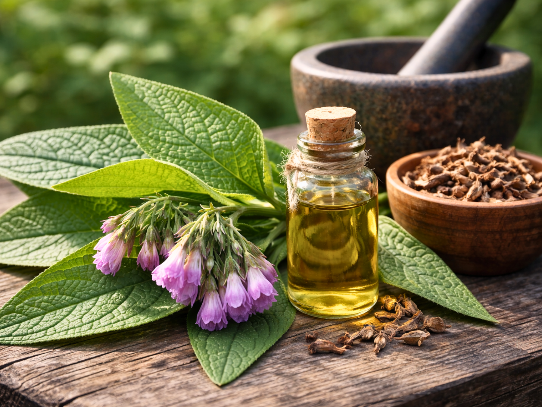 Bottle of herbal oil with fresh Comfrey and mortar and pestle on a wooden table.