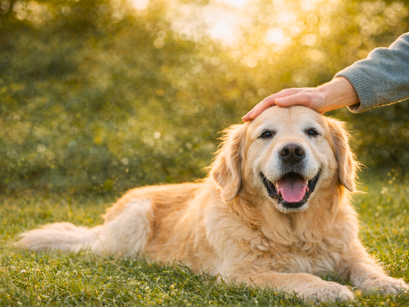 A person's hand petting a happy golden retriever lying in green grass with golden sunlight.