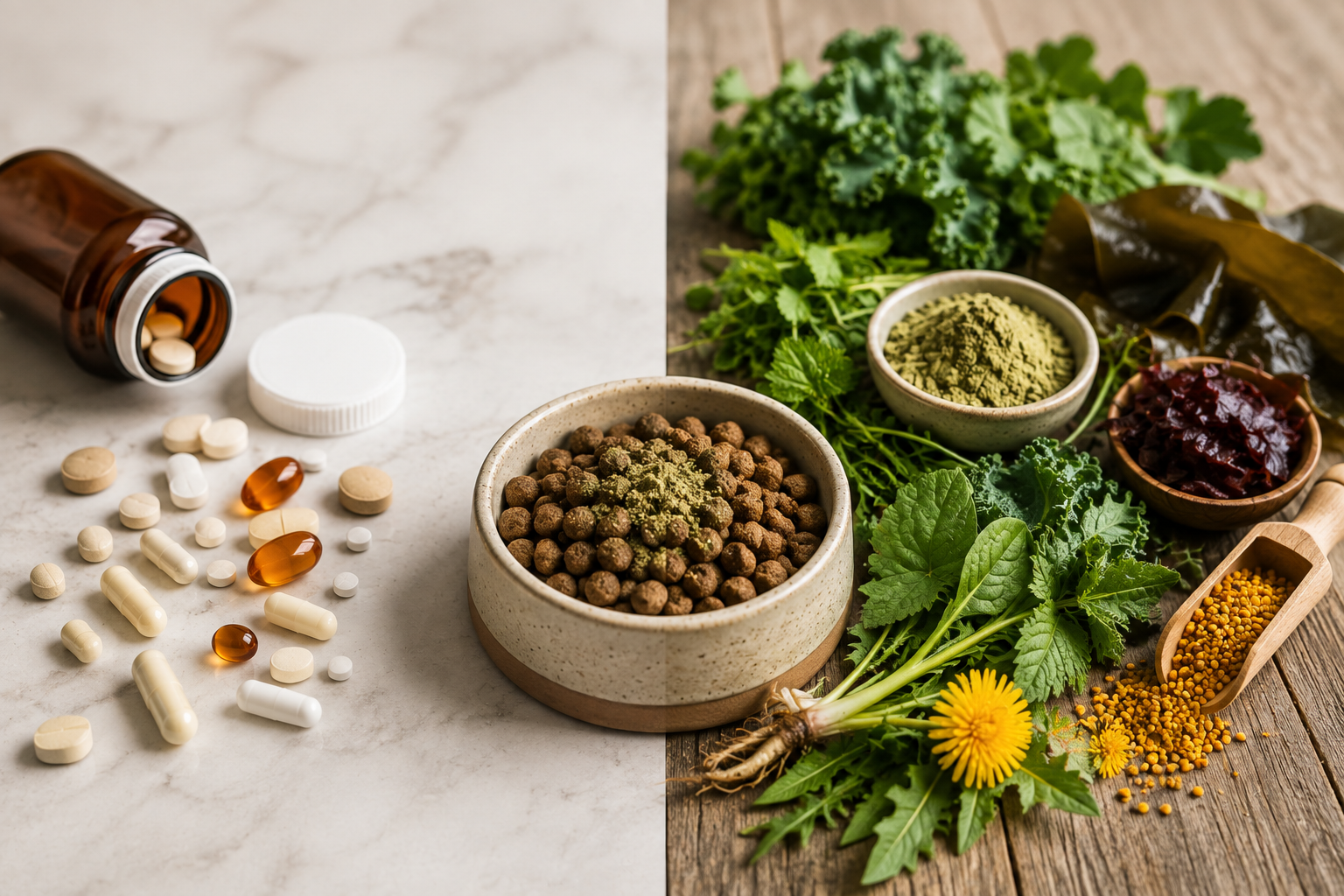 Synthetic pills on marble next to a bowl of natural pet food with fresh herbs, greens, and pollen on wood.