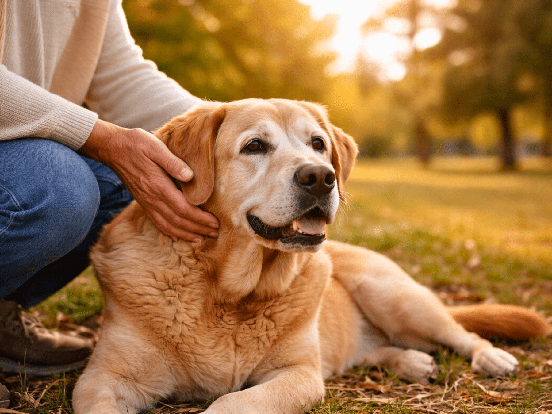 Person petting a happy golden retriever lying on the grass in a park at sunset.