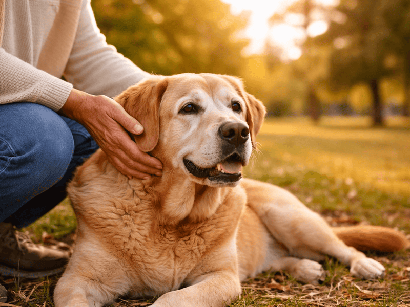 Person petting a happy golden retriever lying on the grass in a park at sunset.