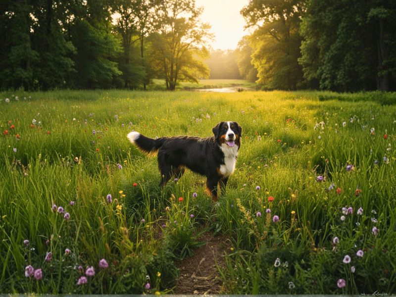 Bernese Mountain Dog standing in a sunlit meadow filled with wildflowers and tall grass surrounded by trees at golden hour.