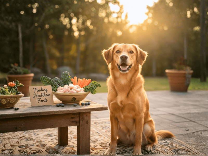 Golden Retriever at sunset by wooden table with fresh dog food ingredients and Finding Healthier Foods sign