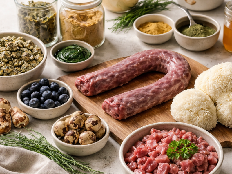 Assortment of whole food ingredients including raw meat, vegetables, and herbs representing modern holistic pet feeding
