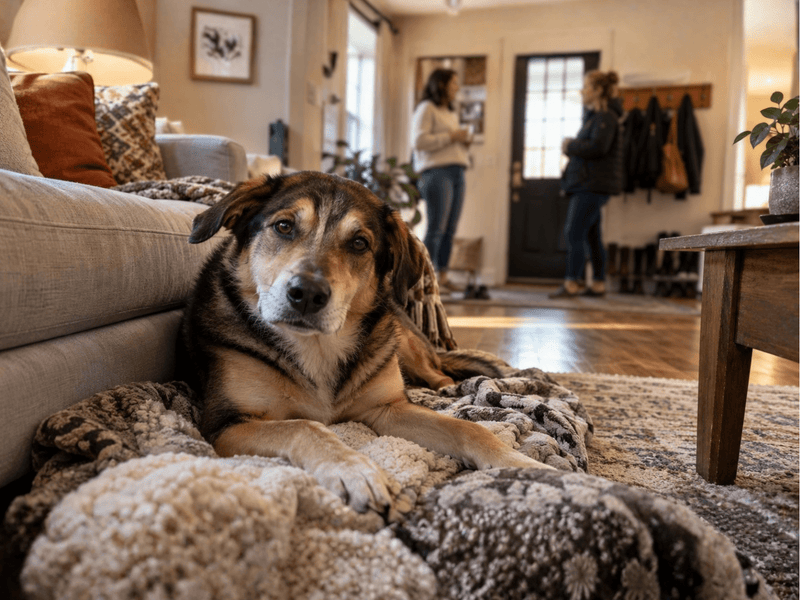 Dog resting comfortably on a blanket while visitors talk near the front door, representing preparation for guests and changes in the home.