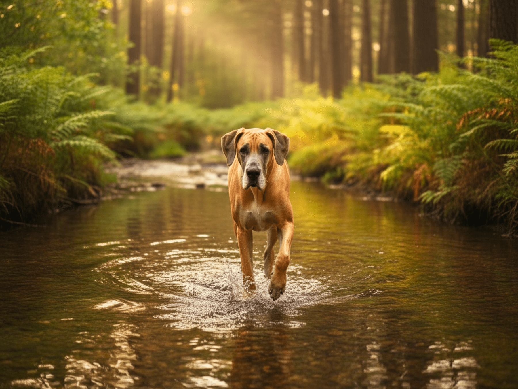 Brown dog running through a shallow forest stream.