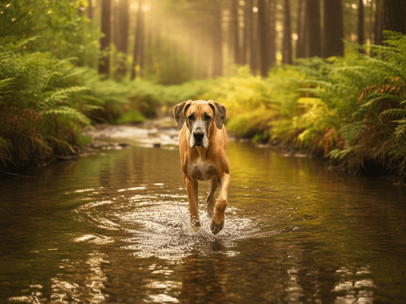 Brown dog running through a shallow forest stream.