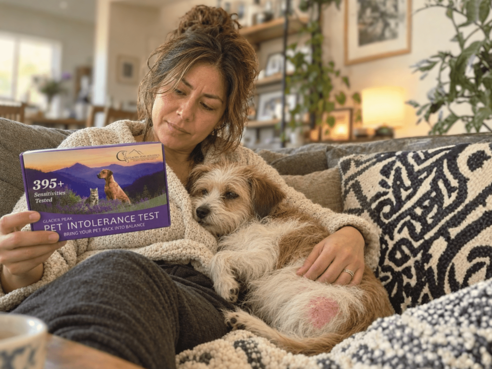 Pet parent cuddling her dog while reviewing the Glacier Peak Pet Intolerance Test kit at home.
