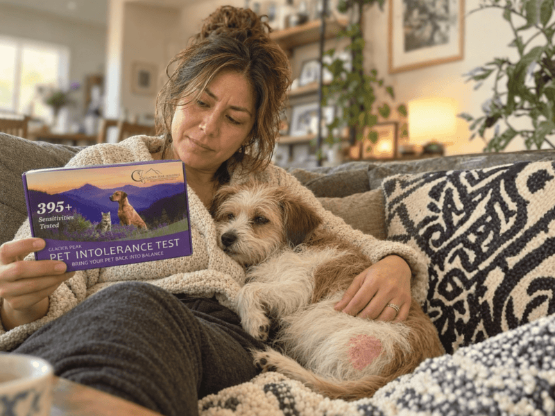 Pet parent cuddling her dog while reviewing the Glacier Peak Pet Intolerance Test kit at home.