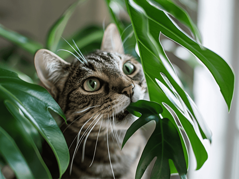 A tabby cat peeking through the leaves of a monstera plant  looking curious.