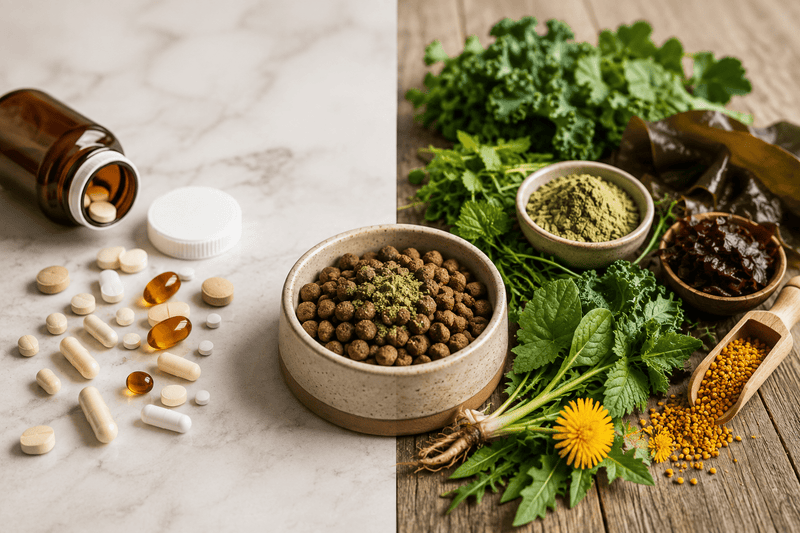 Synthetic pills on marble next to a bowl of natural pet food with fresh herbs, greens, and pollen on wood.