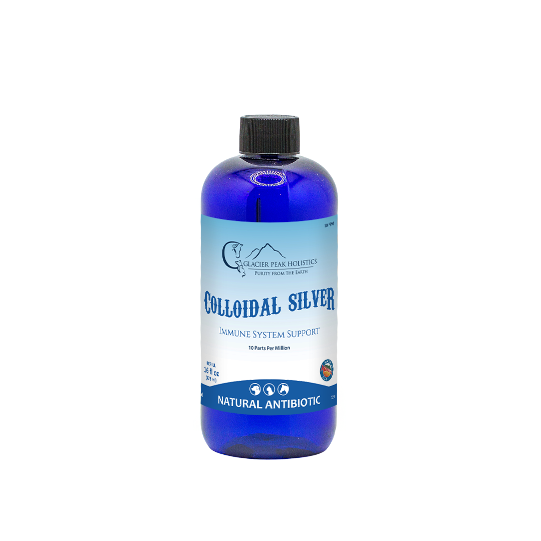 Glacier Peak Holistics 16 oz Colloidal Silver For All Pets, a blue bottle with a black cap, offering immune system support.