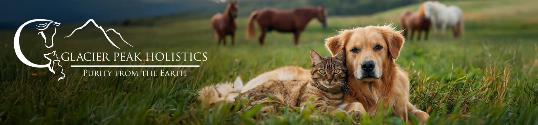 Glacier Peak Holistics logo with a dog, cat, and horses in a field, representing natural pet products.