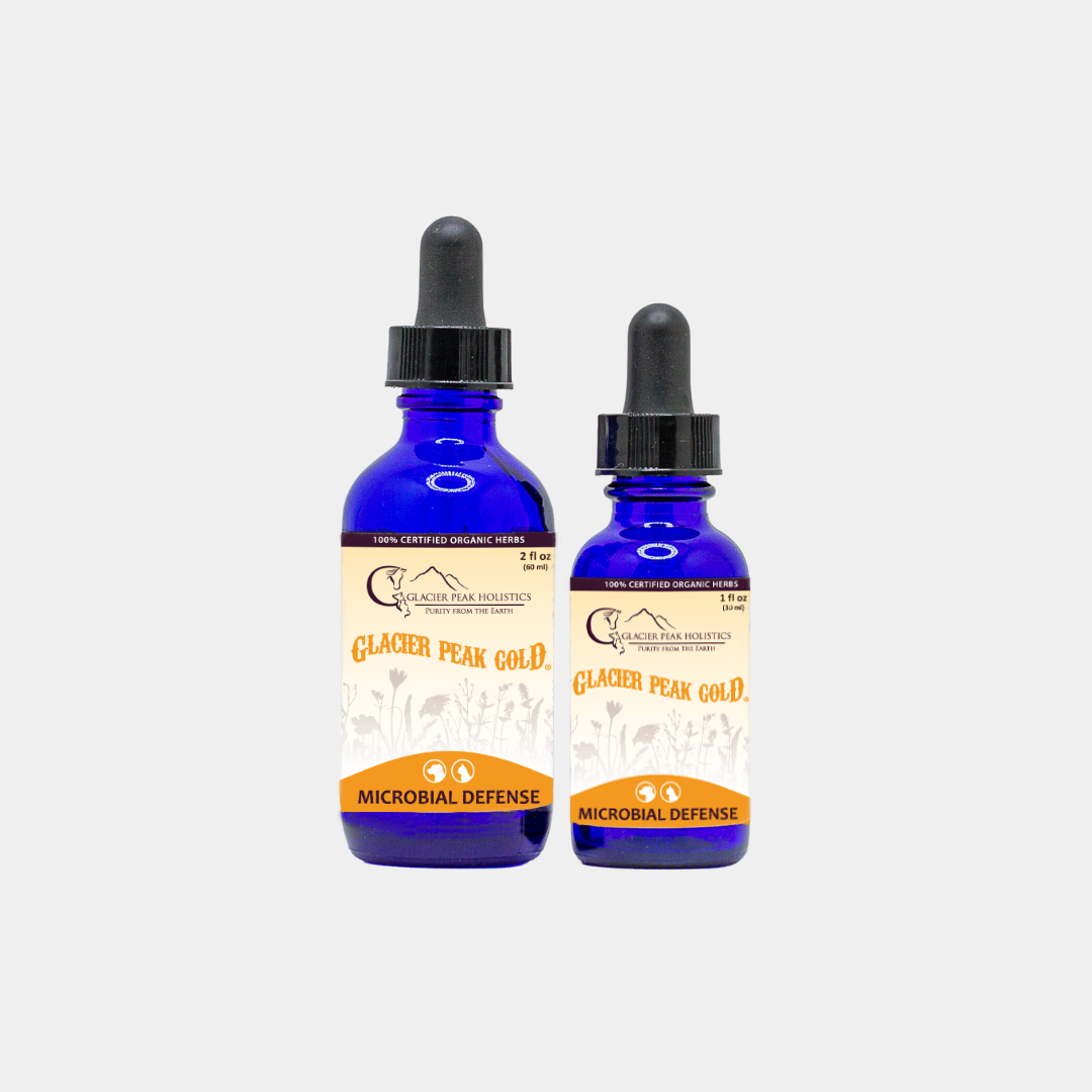 Glacier Peak Gold 2 oz and 1 oz tinctures with droppers. Microbial defense for cats and dogs.