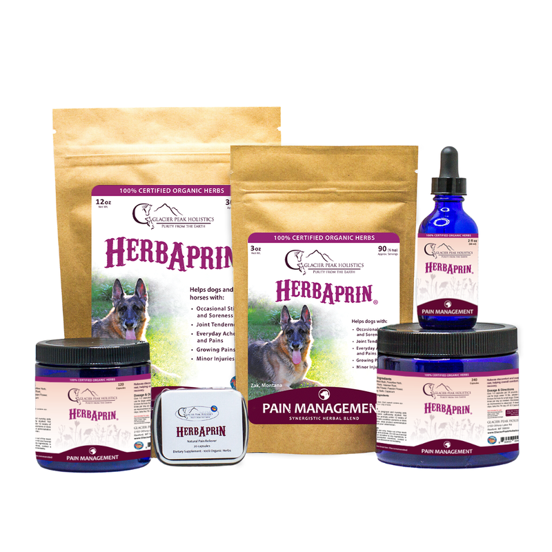 Glacier Peak Holistics Collection of HerbAprin products for dogs, including powders, capsules, and tinctures for pain management.