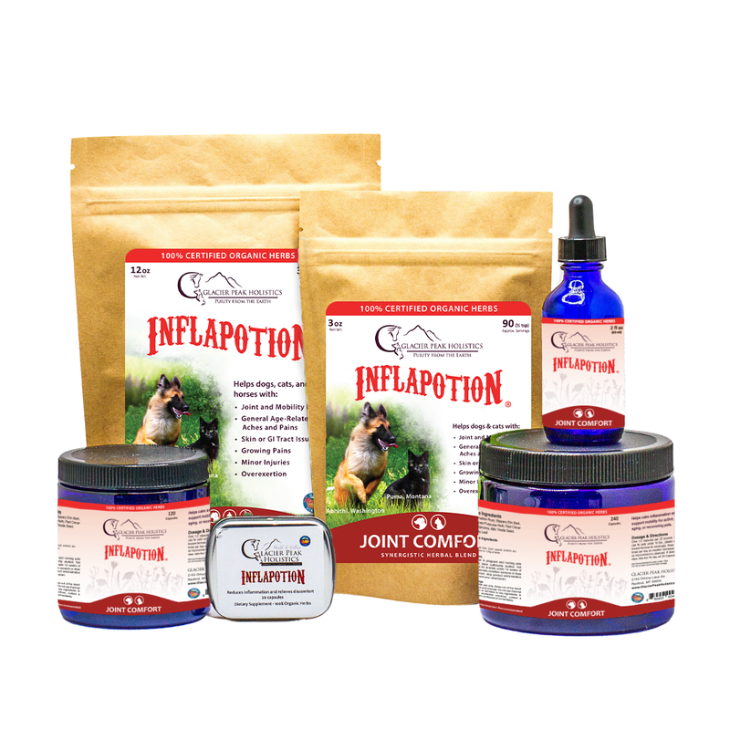 Glacier Peak Holistics Collection of Inflapotion products for dogs and cats, including powders, capsules, and tinctures for natural inflammation support and joint comfort.