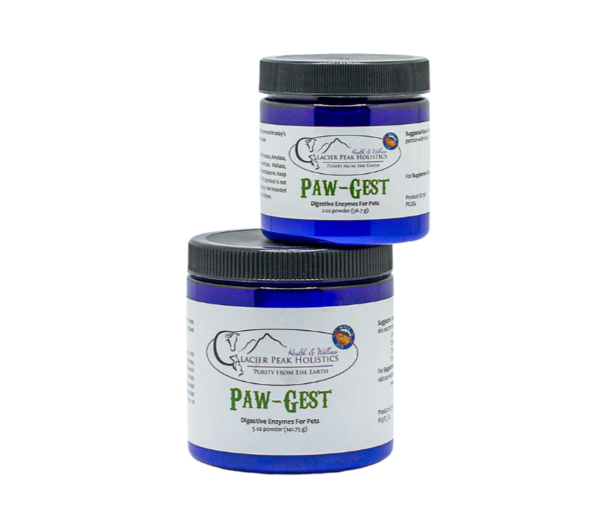 Two blue jars of Glacier Peak Holistics Paw-Gest Digestive Enzymes For Dogs & Cats, with a 2 oz jar stacked atop the 5 oz jar.