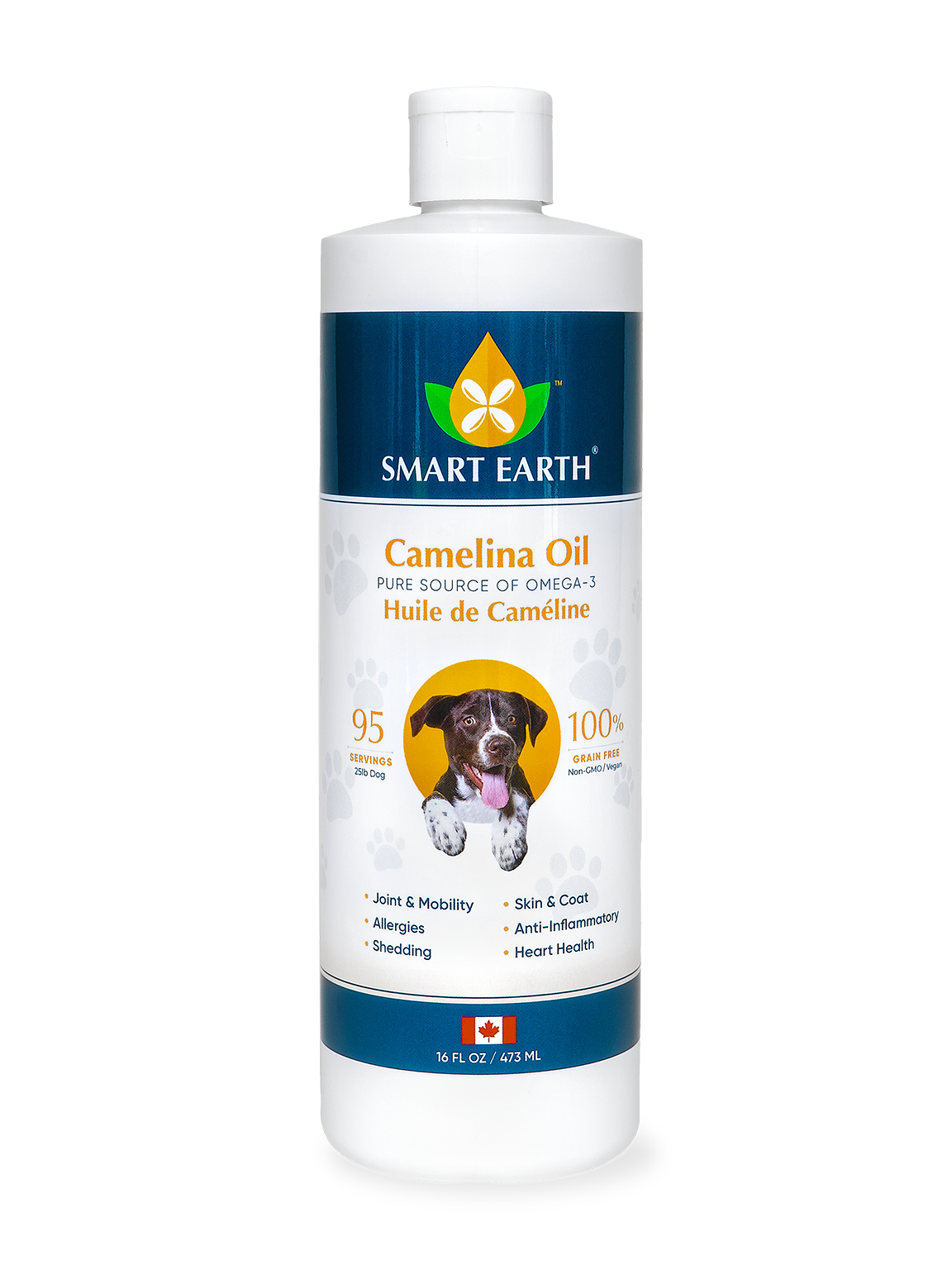 Smart Earth Premium Camelina Oil for Dogs & Cats bottle with a puppy image and product benefits.