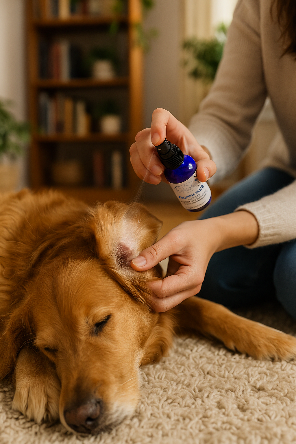 A woman spraying Colloidal Silver into a Golden Retriever's ear.