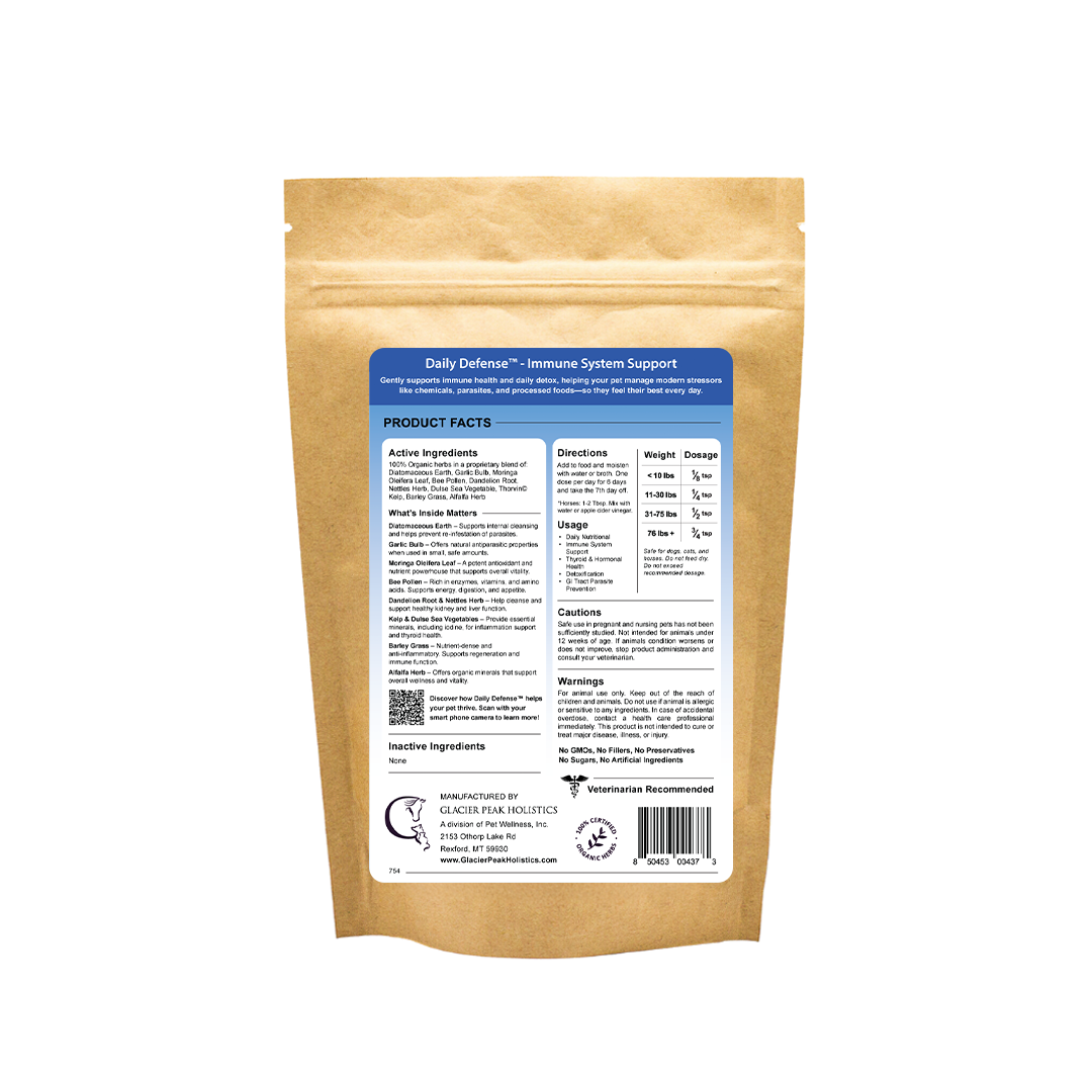 Back of 12 oz Daily defense product label highlighting ingredients, directions, usage, dosage, cautions, and warnings. immune supprot for dogs, cats, and horses.
