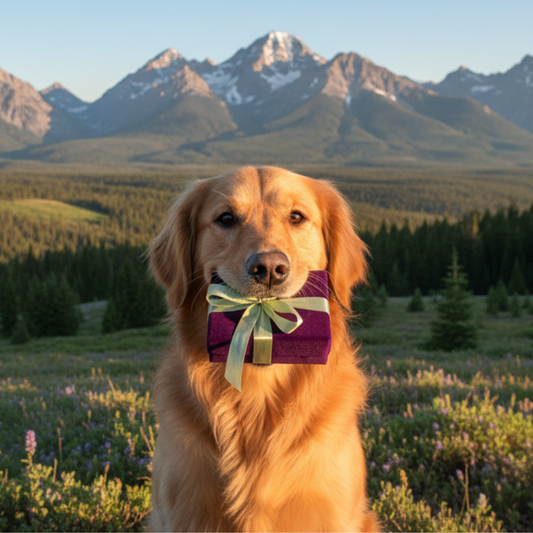 Representing E-Gift Card is a golden retriever holding a small, purple, ribbon-wrapped gift in its mouth, with mountains in the background.