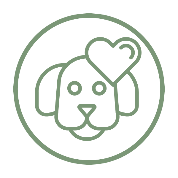 A line art icon shows a dog's head with a heart over it, symbolizing pet love and care.