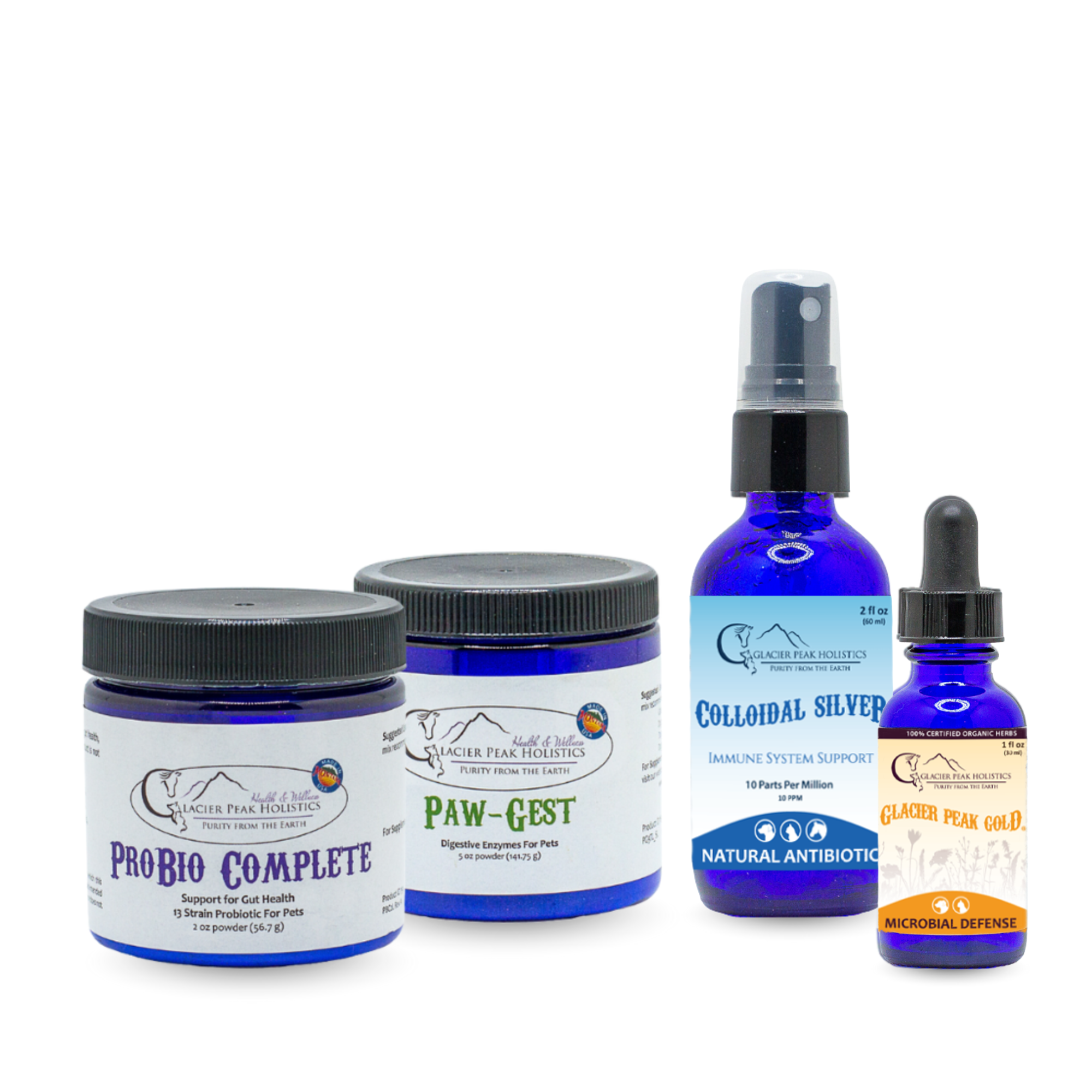 Get Em Healthy, Keep em Healthy Bundle including ProBio Complete, Paw-Gest, Colloidal Silver, and Glacier Peak Gold
