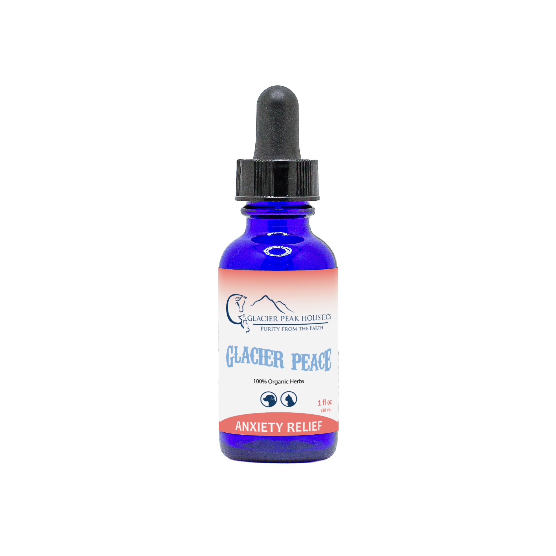 Glacier Peak Holistics Glacier Peace Calming Support for Dogs and Cats: a blue dropper bottle for anxiety relief.