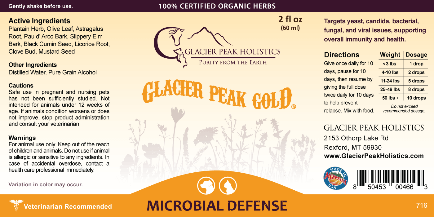 Glacier Peak Gold Microbial Defense 2 fl oz label with active ingredients, cautions, warnings, directions, and company info.