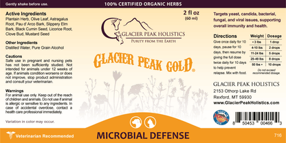 Glacier Peak Gold Microbial Defense 2 fl oz label with active ingredients, cautions, warnings, directions, and company info.