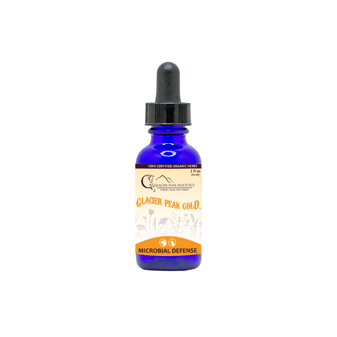 A 1 oz tincture bottle with dropper of Glacier Peak Gold Microbial Defense for pets. 
