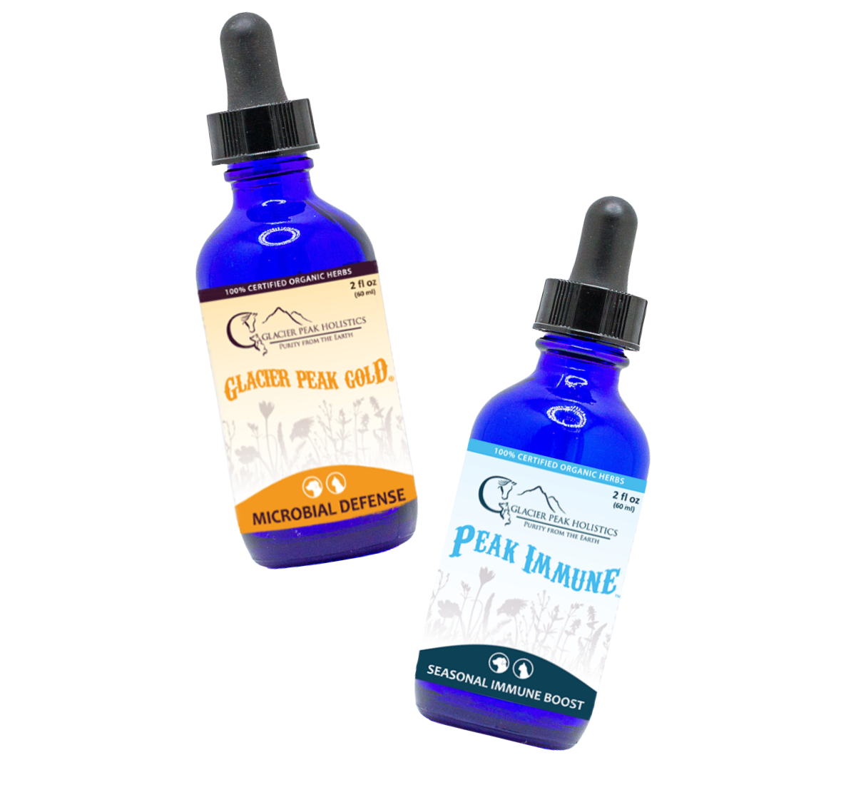 Glacier Peak Gold and Peak Imune 2 oz tincture bottles