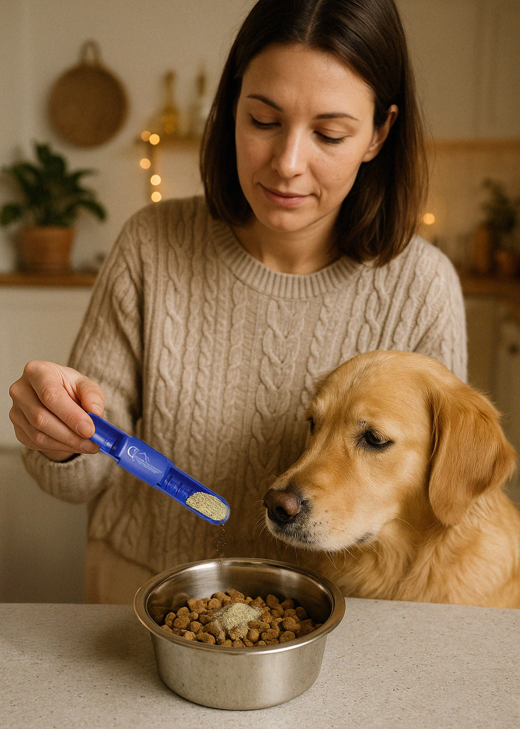 A woman adds a scoop of 100% organic herb supplements to a golden retriever's food bowl.
