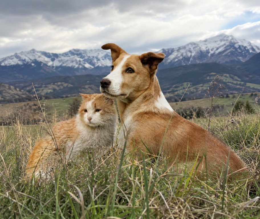 Ginger cat and tan dog sitting together in a grassy field with snow-capped mountains in the background.