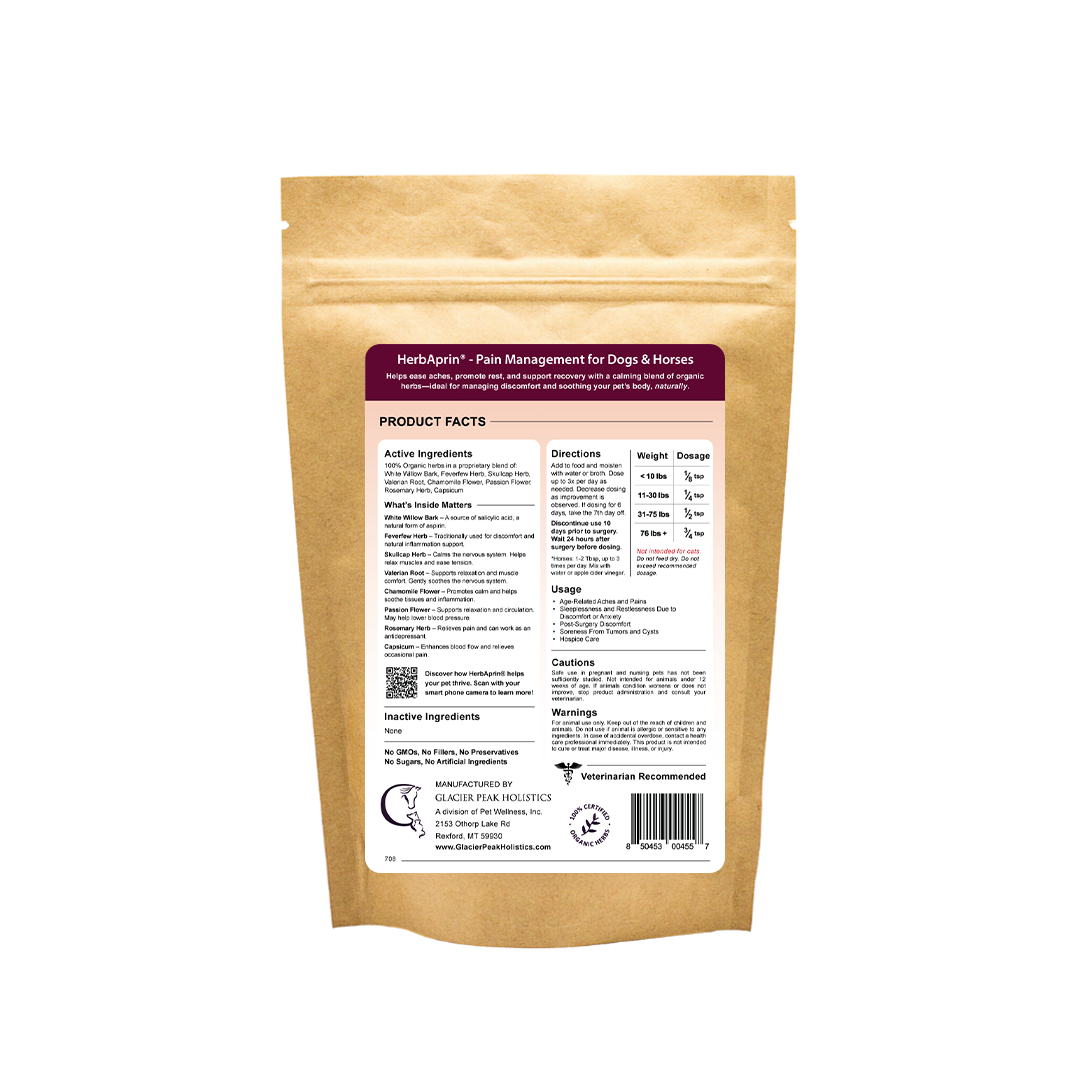 HerbAprin for dogs and horses 12 oz product label including active ingredients, inactive ingredients, cautions, warnings, and directions for use.