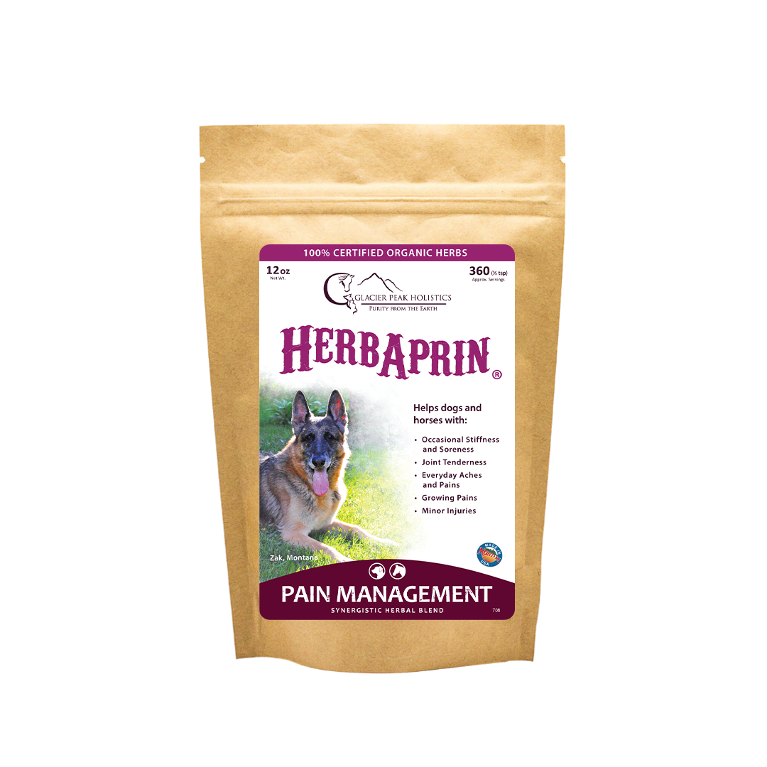 Glacier Peak Holistics HerbApirin 12 oz herb kraft bag for pain management with 100% certified organic herbs for dogs. 