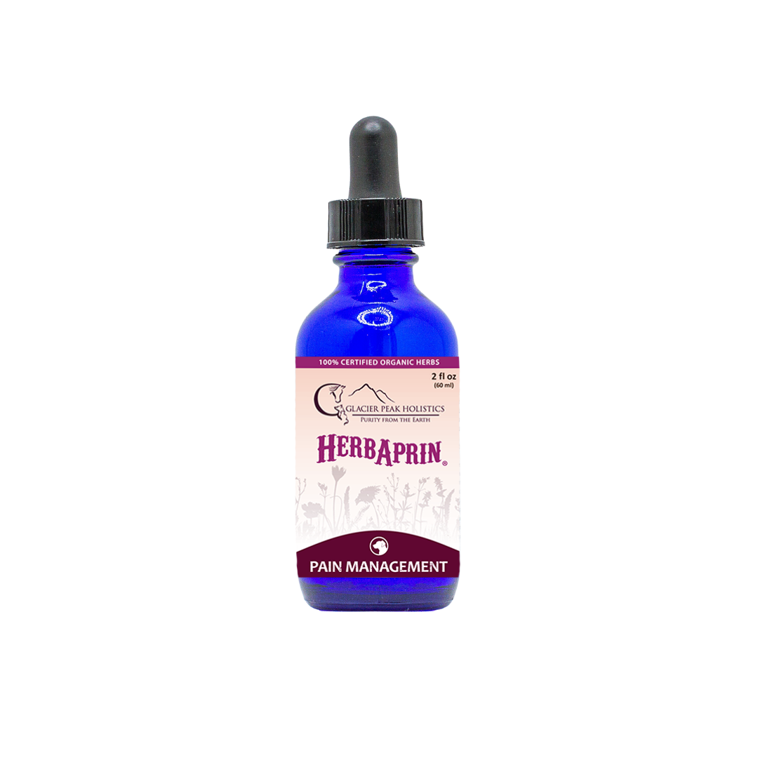 2 fl oz blue glass dropper bottle of HerbAprin herbal supplement for dogs with a white and maroon label.