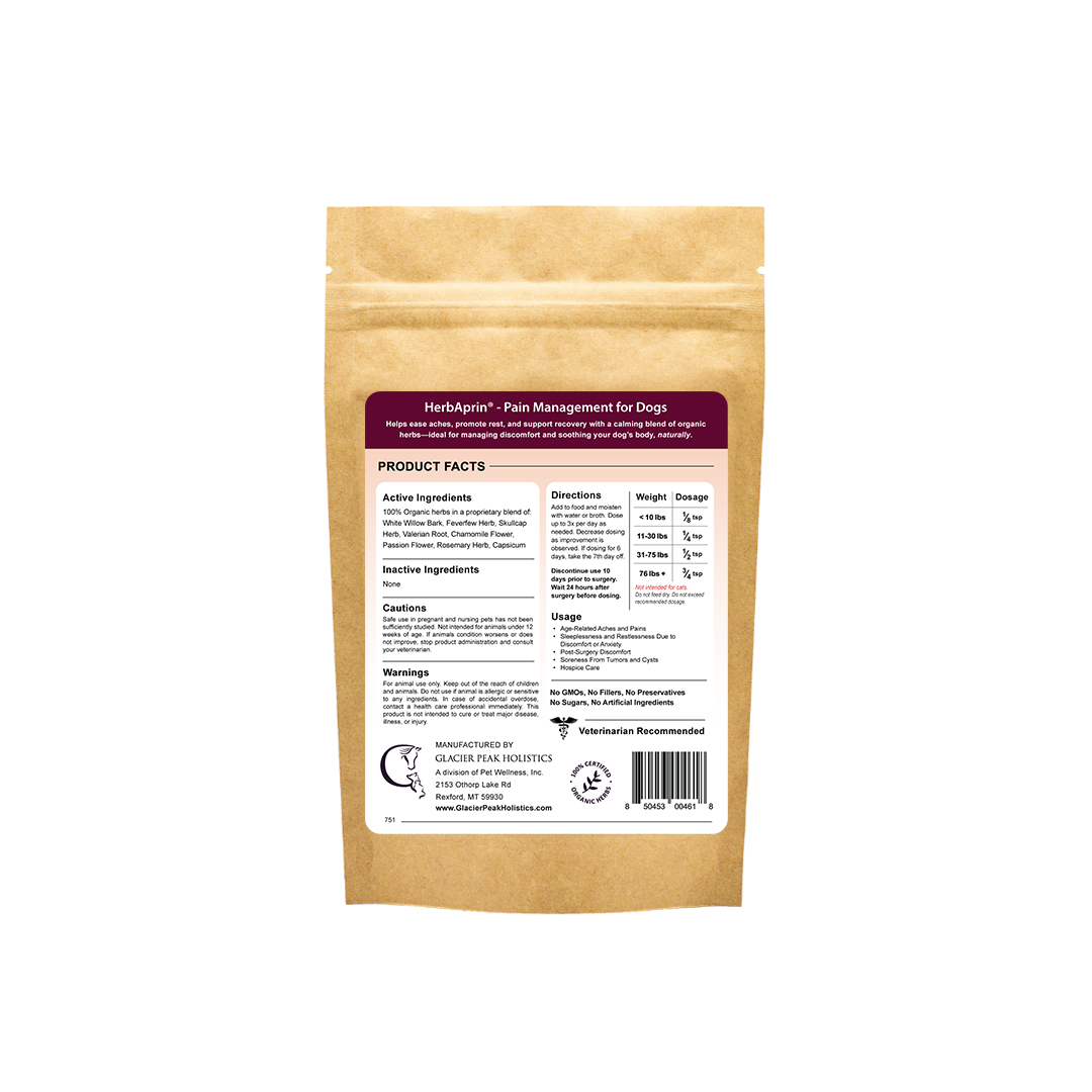 HerbAprin for dogs 3 oz product label including active ingredients, inactive ingredients, cautions, warnings, and directions for use.