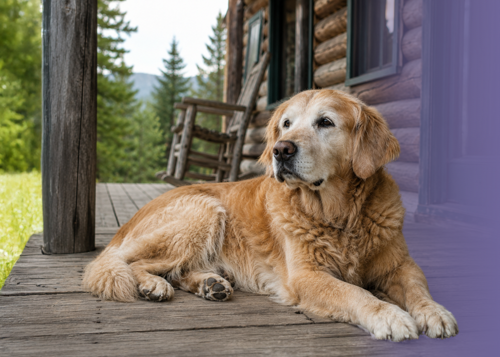 Senior golden retriever resting on a rustic wooden cabin porch with a rocking chair in the background.
