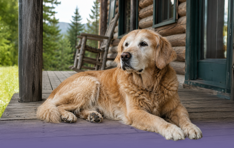 Senior golden retriever resting on a rustic wooden porch in front of a log cabin with a rocking chair nearby.