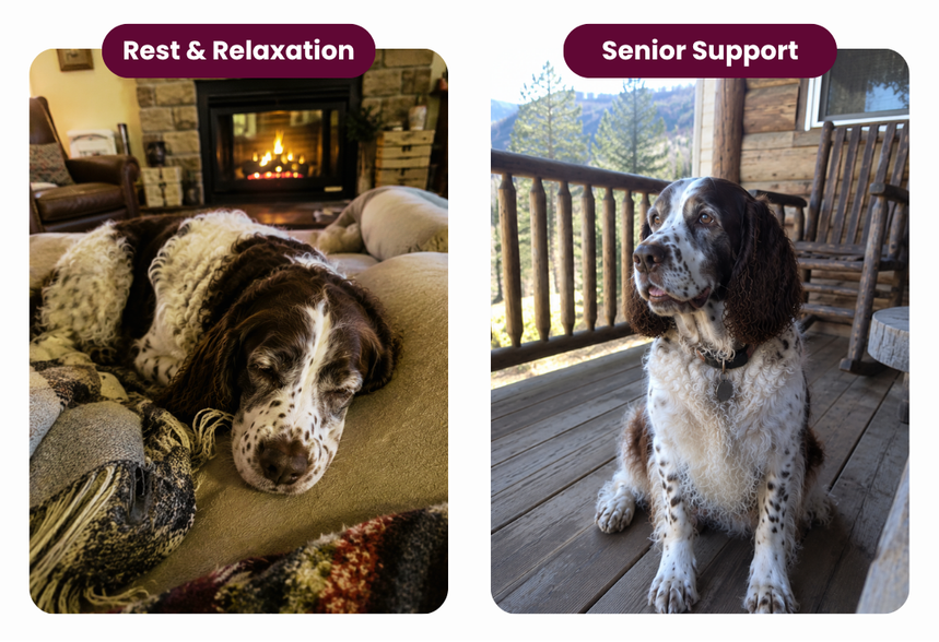 Brown and white senior spaniel resting by a fireplace and sitting on a wooden porch for joint and mobility support.