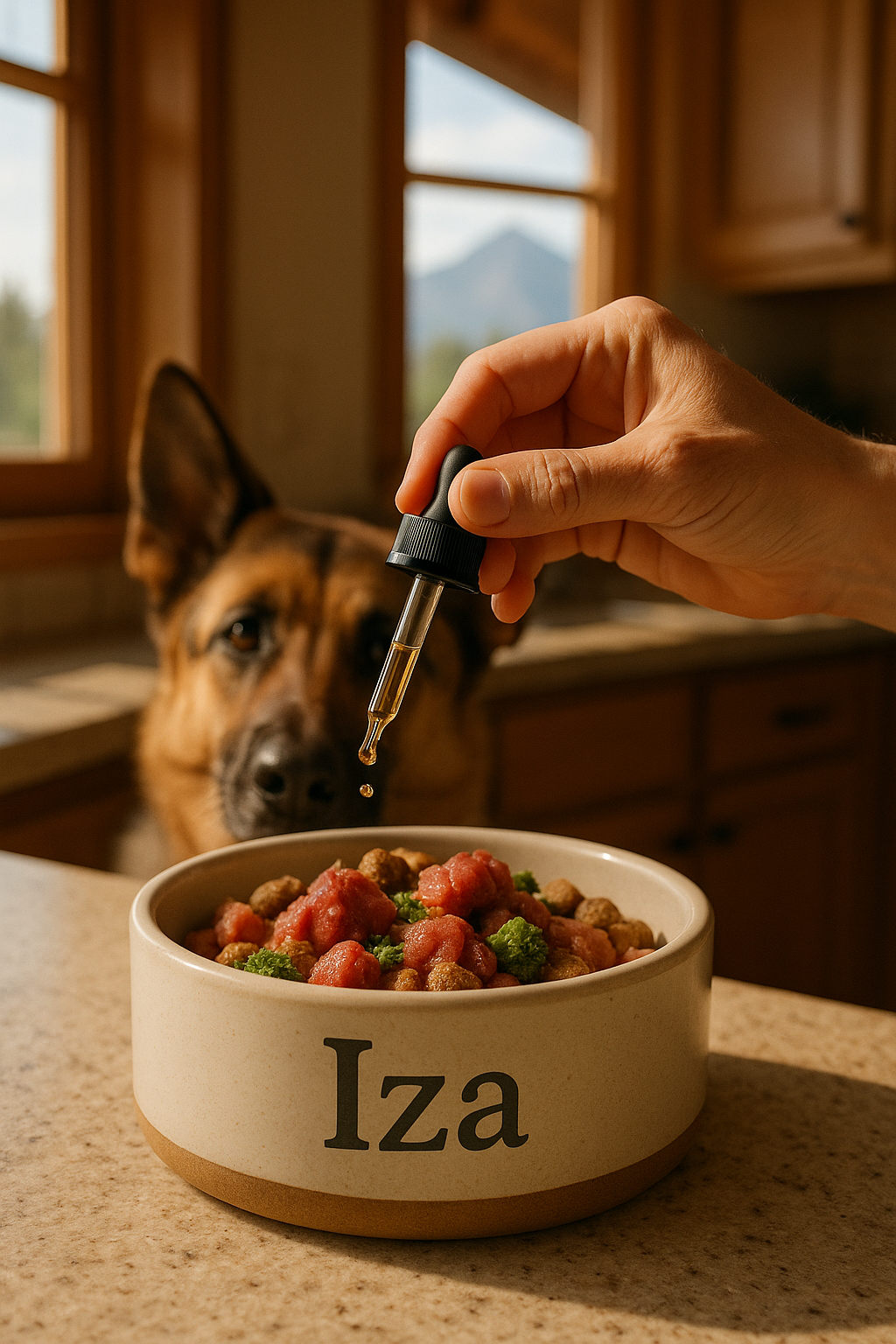 A hand uses a dropper to add a supplement to a dog's food bowl with a German Shepherd in the background.